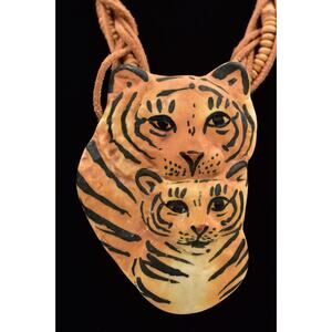 Carol Halmy Vintage Ceramic Beaded Necklace Hand Made Tiger Cub Signed Bin4A